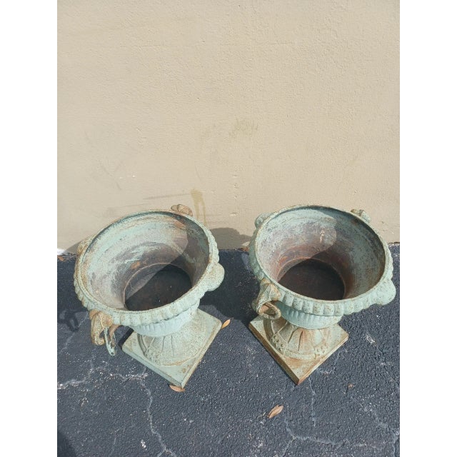 Italian Antique Pair of Green Cast Iron Urns For Sale - Image 3 of 4