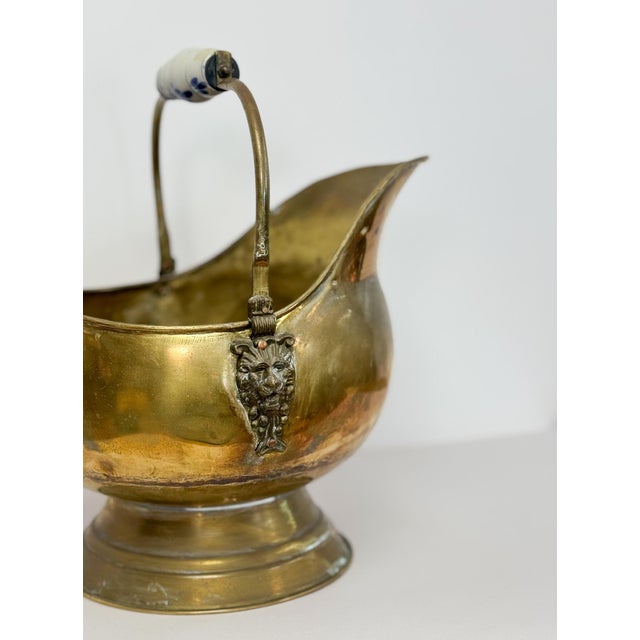 Gold Antique Brass and Blue Porcelain Coal Scuttle Helmet Form Early 20th Century For Sale - Image 8 of 12