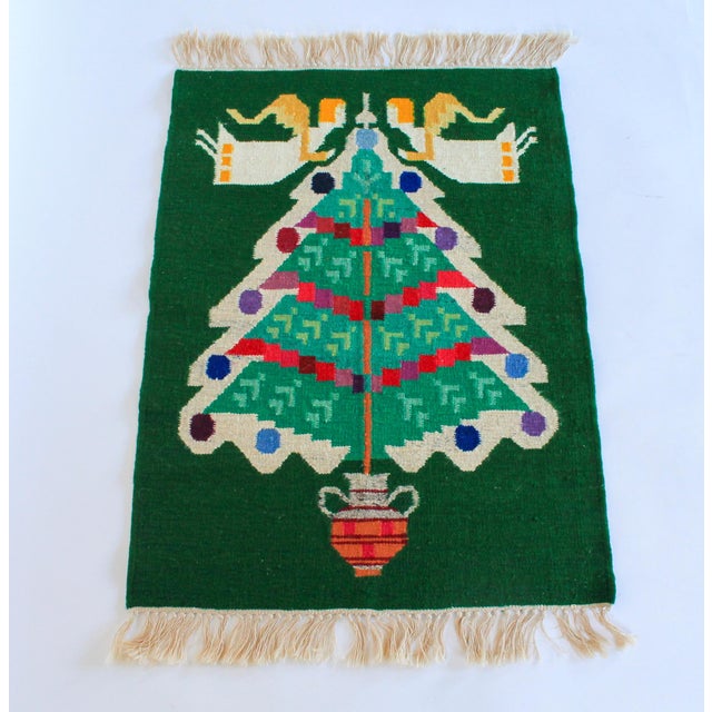 Vintage handwoven kilim wool Christmas tree with angels tapestry with fringe. Could also serve as a rug. Made in Poland....