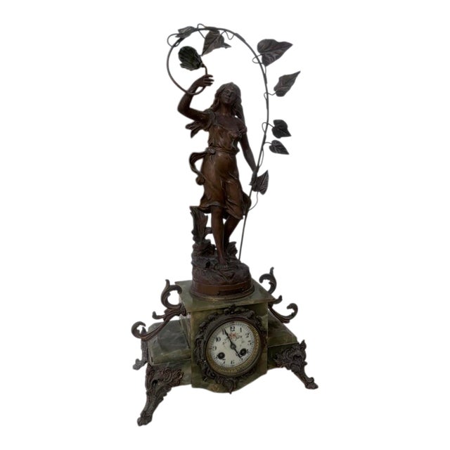 Antique French Art Nouveau Ch. Ruchot “Volubilis” Onyx Figural Mantel Clock For Sale