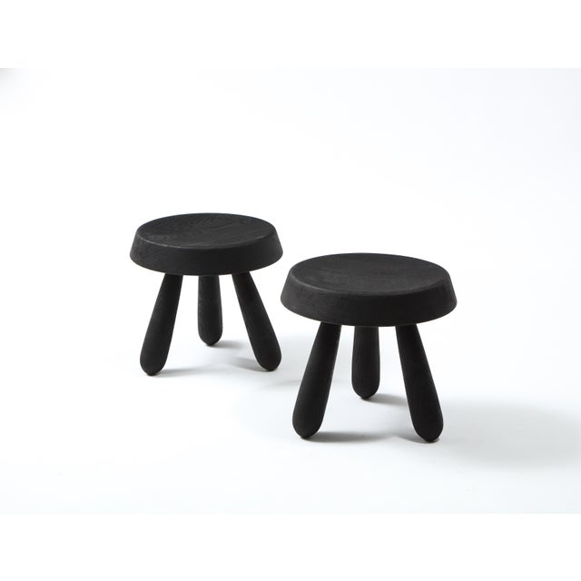 Petite Pair of Burnt Oak Tripod Stools by Douglas Mont for Facto Atelier Paris For Sale In New York - Image 6 of 11