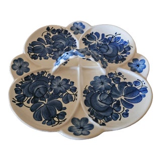 Mid 20th Century Hand Painted Blue Floral Ceramic Serving Tray With Handle For Sale