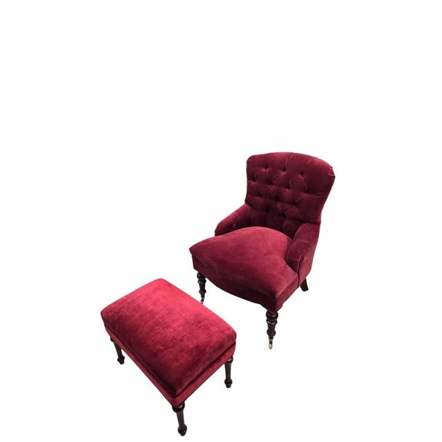 French Late 19th Century French Napoleon III Button-Tufted Lounge Chair & Ottoman in Original Red Velvet For Sale - Image 3 of 12