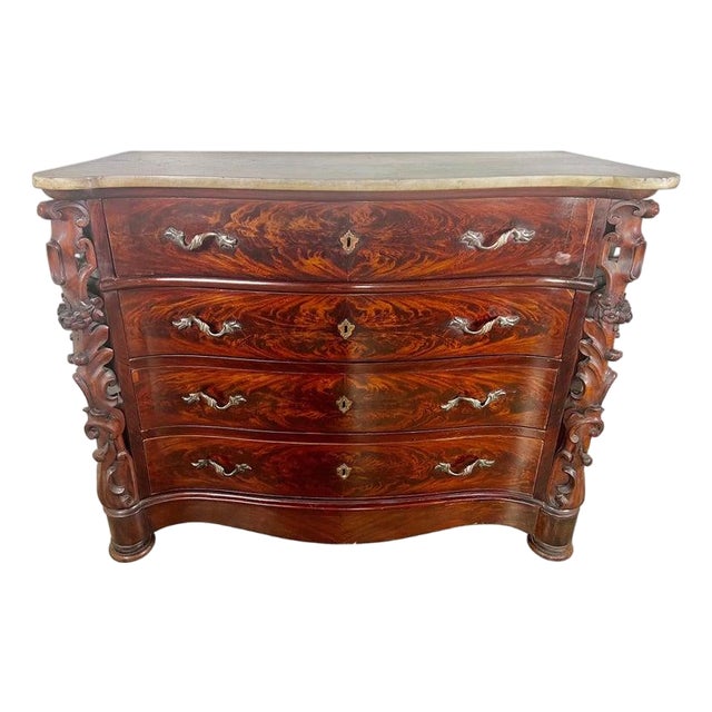 19th Century English Marble-Top Commode in Feathered Mahogany For Sale