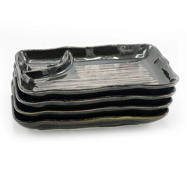 Vintage mid century set of 4 hand crafted luxe sushi dishes, made in Japan. Each plate is divided into 2 sections (1 large...