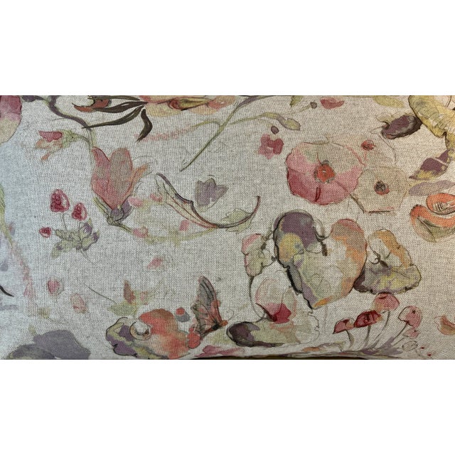 Large Bolster Pillow Decorated With a Delicate Water Color Look Floral Pattern of Soft Pinks, Greens & Oranges - Made in the U K For Sale - Image 4 of 12