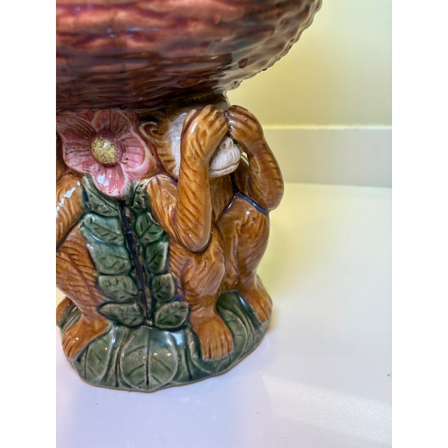Vintage Grandmillenial Majolica Style Three Monkey Ceramic Basket Centerpiece For Sale In Miami - Image 6 of 10