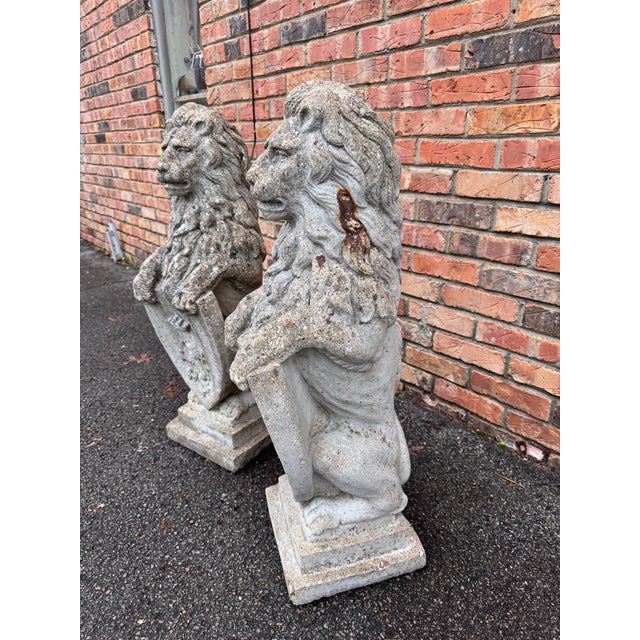 Vintage Pair English Cast Stone Lions With Heraldic Shield Statues For Sale In Nashville - Image 6 of 10