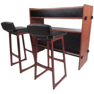 Scandinavian Modern Dry Bar With Low Back Stools in Teak For Sale