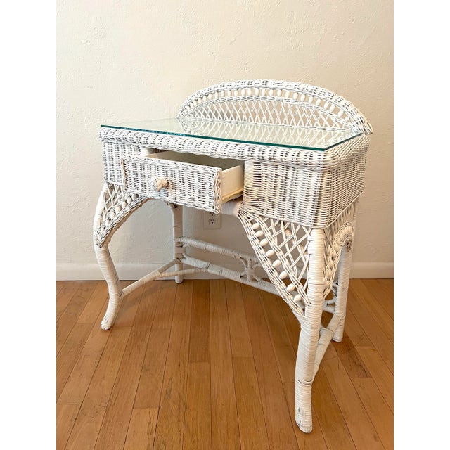 Vintage White Rectangular Wicker & Bamboo Desk, Console or Vanity With Glass Top, Drawer For Sale In Tampa - Image 6 of 10