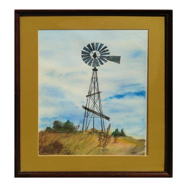 Mid Century Windmill Rural Landscape by H. Kendall For Sale