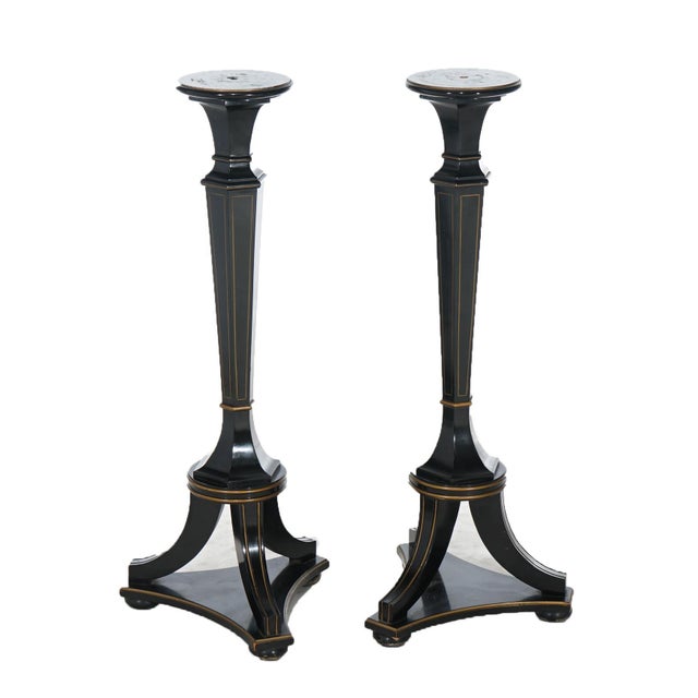 Pair of Antique Neoclassical Ebonized Wood Stands With Tapered Columns & Footed, C1900 Measures - 40.5"H x 13"W x 13"D