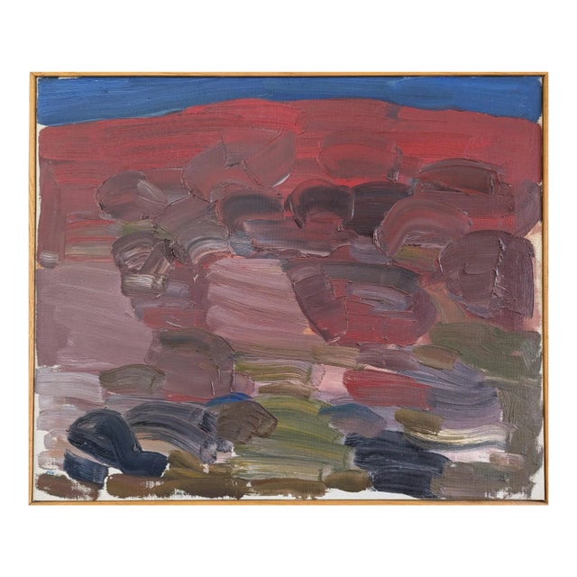 Mid-Century Modern 'Crimson Horizons' Vintage Swedish Original Abstract Landscape Oil Painting, Framed For Sale