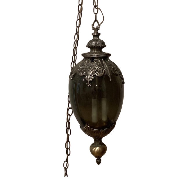 Large Scale Long Chained Hanging Swag Light Fixture With Smoke Glass Globe Circa 1960s For Sale