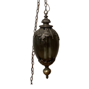 Large Scale Long Chained Hanging Swag Light Fixture With Smoke Glass Globe Circa 1960s