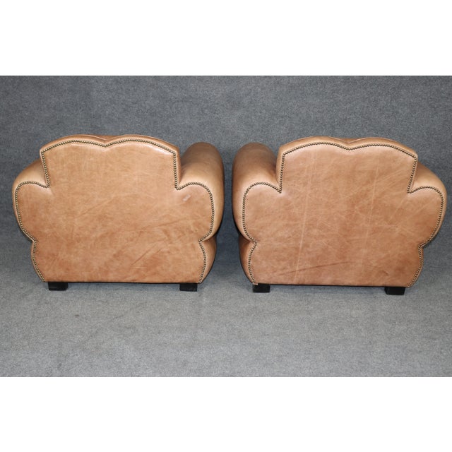 Pair Restored French Art Deco Style Leather Distressed Moustache Club Chairs For Sale In Philadelphia - Image 6 of 14