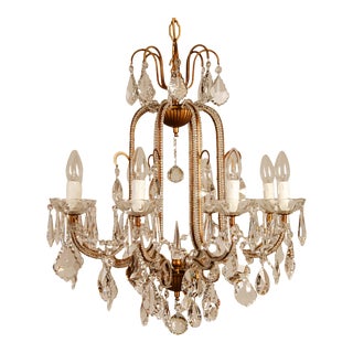 Vintage Italian Crystal Cage Chandelier Cut Glass Beaded Gold Frame 8 Light Chandelier For Sale