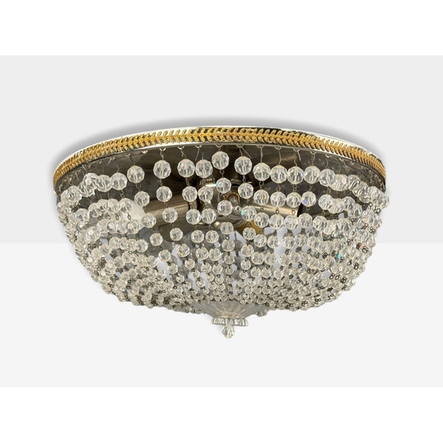 Brass Neoclassical, Basket Flush Mount Ceiling Light, Bronze, Crystal, France, 20th C. For Sale - Image 8 of 14