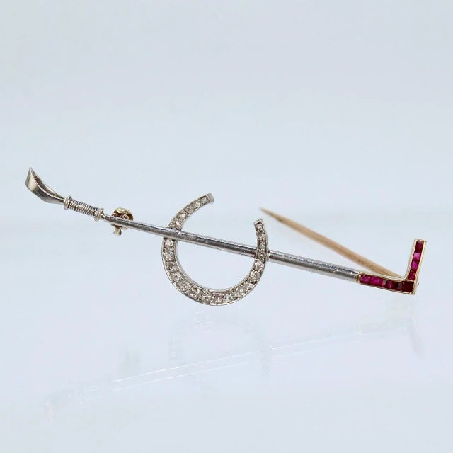 Vintage Art Deco 14 Karat Gold Diamond and Ruby Equestrian Riding Crop and Horseshoe Pin For Sale In Philadelphia - Image 6 of 9
