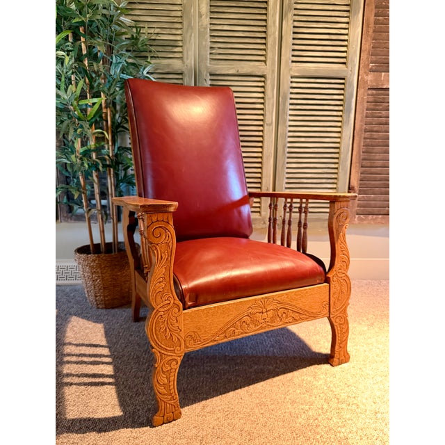 1910s S.A. Cook Upholstered Oak Recliner Chair With Carved Lion Head and Scrollwork For Sale - Image 10 of 10