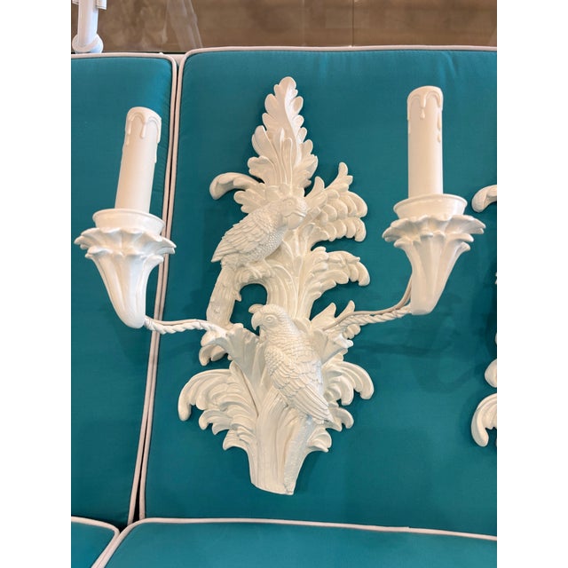 White Vintage Palm Beach Pair of Parrot Bird Wall Light Sconces Newly Wired For Sale - Image 8 of 12