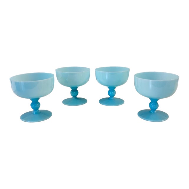 1930s Pretty set of 4 Morgantown Americana Turquoise blue opaline coupes // demi crystal // sherbet / champagne glasses // blue glasses For Sale