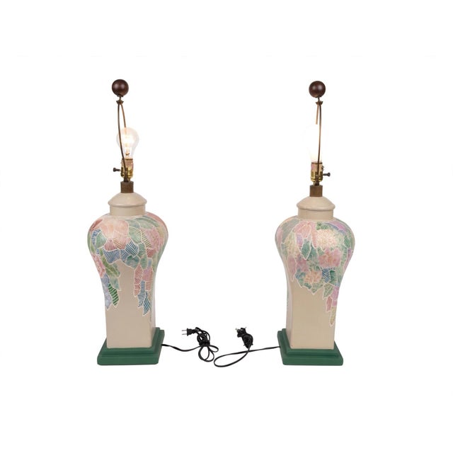 Pink Pair Vintage Francisco Ceja Tropical Leaf Lamps, Postmodern Pastel Palm Leaf Design Set of 2 For Sale - Image 8 of 9