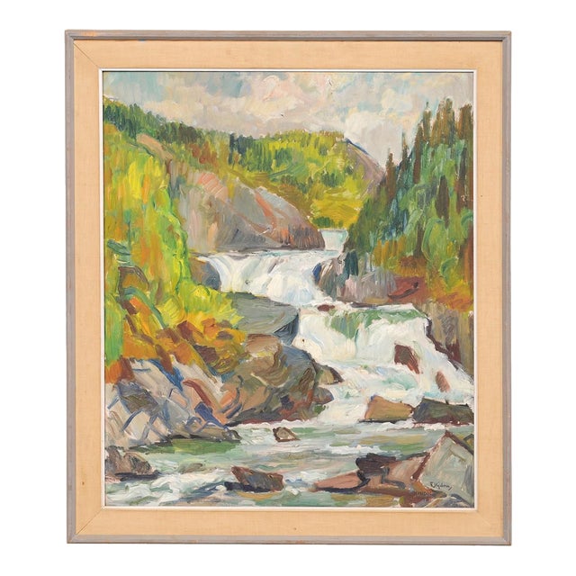 Mid 20th Century Swedish Framed Cascading Waterfall Painting For Sale