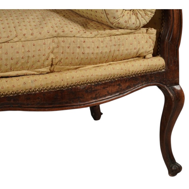 French Provincial Antique Petite Louis XV Carved Walnut Bench W Down Cushion For Sale - Image 3 of 5