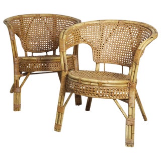 Rattan Cane Arm Chairs - A Pair For Sale