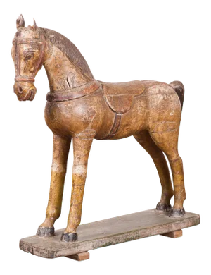 Antique Indian Multicolor Hand-Carved Wooden Mogul Horse on Rectangular Base