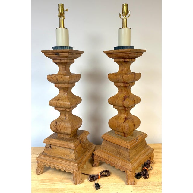 Mid 20th Century Monumental Tuscan Carved Pine Column Table Lamps, Rewired - a Pair For Sale - Image 13 of 14