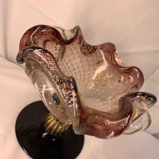Glass Vintage Venetian Murano Art Glass Compote Pedestal Bowl Gold Fleck and Bullicante For Sale - Image 7 of 9