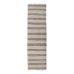 Mid 20th Century Minimalist Design Vintage Turkish Kilim Runner With Ivory Brown and Off White