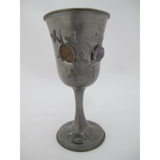 Chinese Antique Chinese Pewter Wine Cup Goblet With Raised Cabochon Flowers & Leaves For Sale - Image 3 of 9