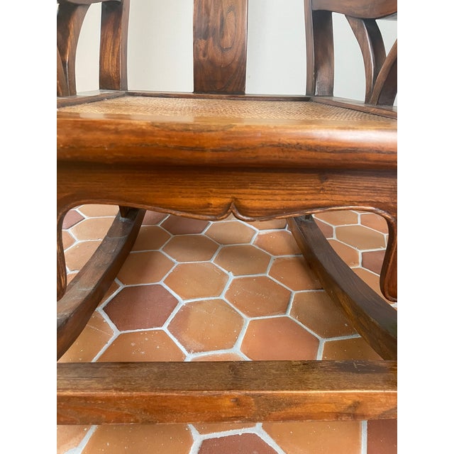 Mid 20th Century Chinese Hardwood Yoke-Back Rocking Chair With Cane Seat For Sale - Image 4 of 6