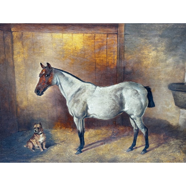Antique Victorian Horse Painting Sporting Oil on Canvas With Terrier Circle of Edwin Frederick Holt, English Equestrian...