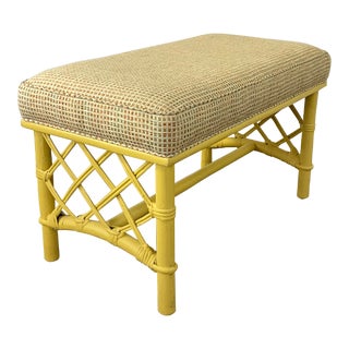 Mid-Century Painted Chinoiserie Bamboo and Rattan Bench, Newly Upholstered For Sale