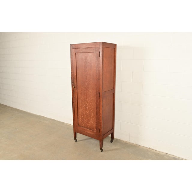 Victorian Stickley Brothers Style Antique Mission Oak Arts & Crafts Armoire Dresser or Linen Press, Circa 1900 For Sale - Image 3 of 12