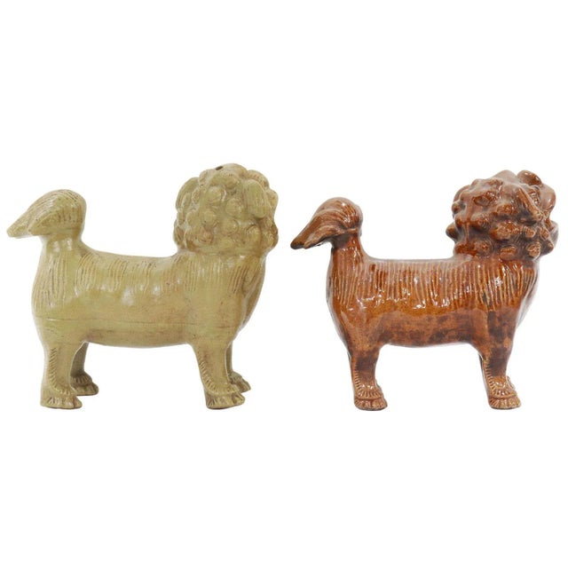 Chinoiserie Pair of Vintage Chinese Ceramic Foo Lion Guardian Sculptures With Incense Holders For Sale - Image 3 of 5