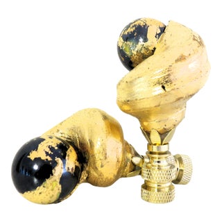 Gold Leaf Fiji Shell Lamp Finials With Black Blown Murano Glass, a Pair by C. Damien Fox For Sale