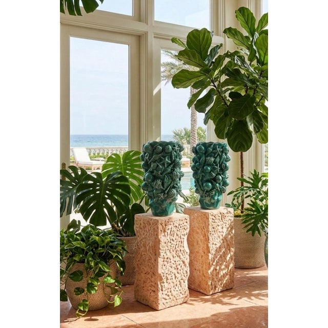 Green Pair of Mid-Century Italian Green Glazed Majolica Seashell Vases For Sale - Image 8 of 10
