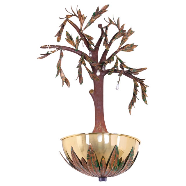 French Olive Tree Gilt Tole Metal Crystal Wall Light For Sale