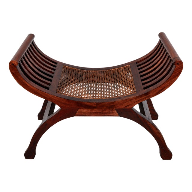 Vintage Roman-Style Mahogany Curule Bench With Hand-Caned Seat, 32" For Sale