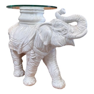 Vintage White Majolica Pottery Glass Top Elephant Side Table For Sale