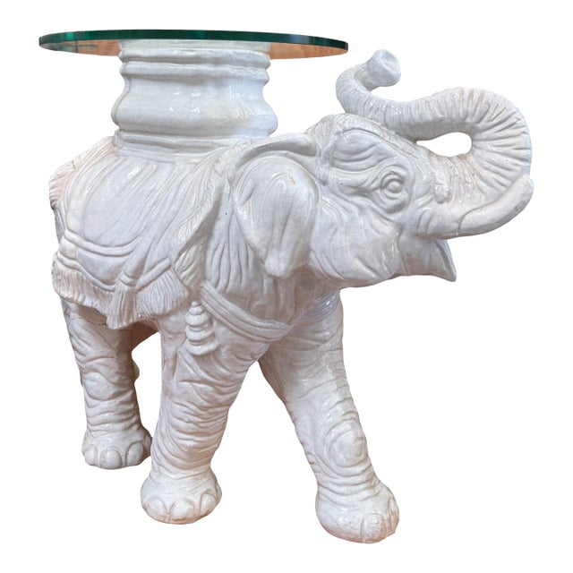 Vintage White Majolica Pottery Glass Top Elephant Side Table For Sale
