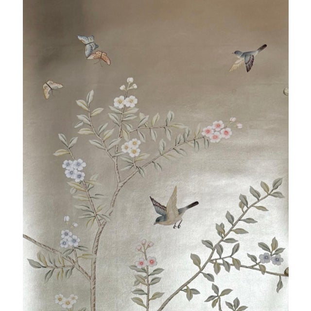Silver Leaf Chinoiserie Hand-Painted Peacock & Floral Wall Panels (Set of 4) For Sale - Image 4 of 5