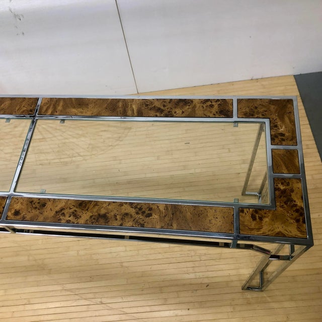Mid-Century Modern Milo Baughman Console Table | Burlwood Chrome and Glass For Sale - Image 3 of 11