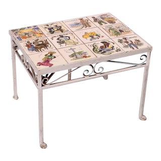Antique Arts & Crafts Spanish Wrought Iron & Tile Top Table, Genre Scenes, 1930 For Sale