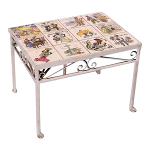 Antique Arts & Crafts Spanish Wrought Iron & Tile Top Table, Genre Scenes, 1930